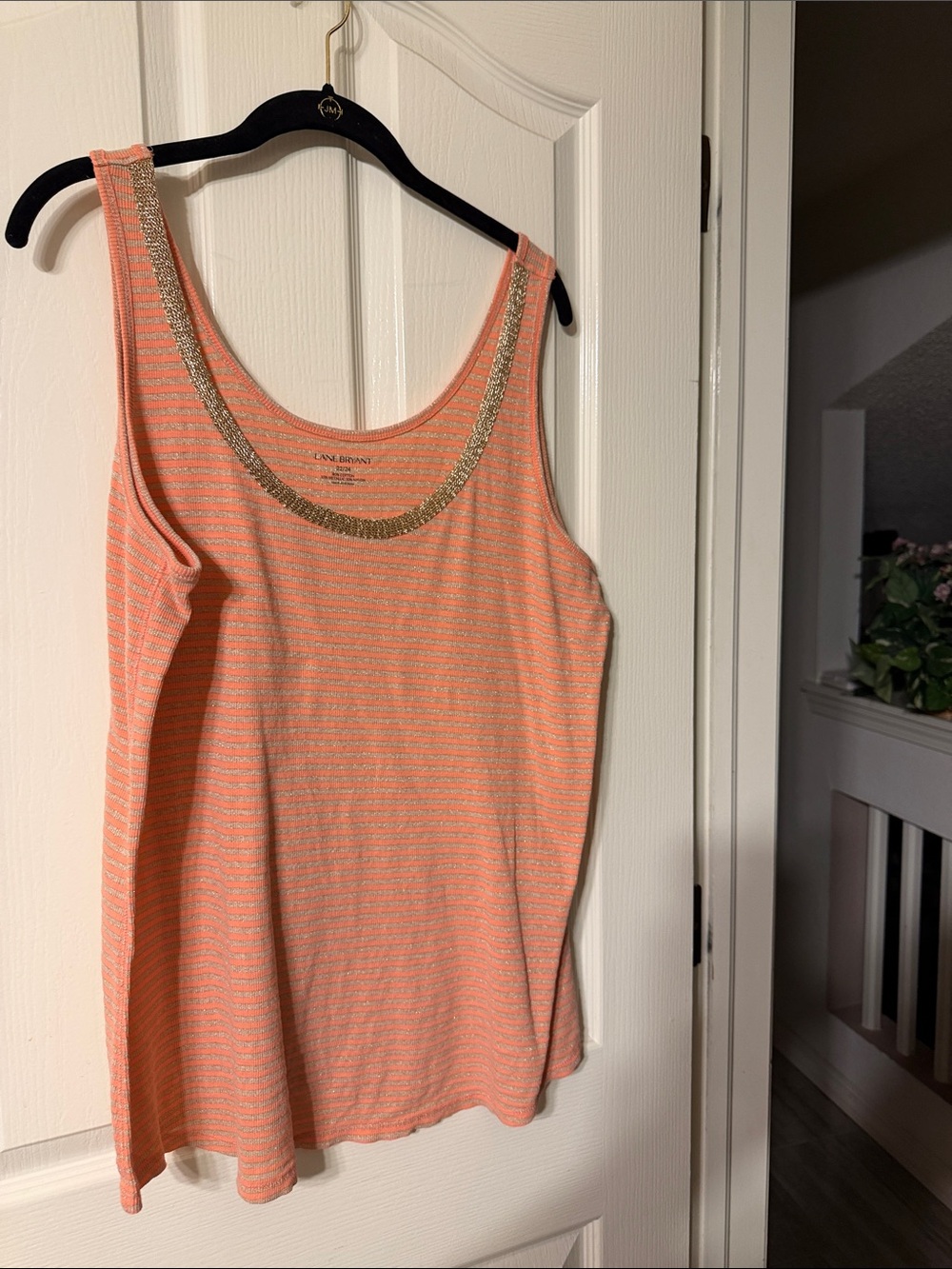 Lane Bryant Coral Stripe Tank with Gold Trim
